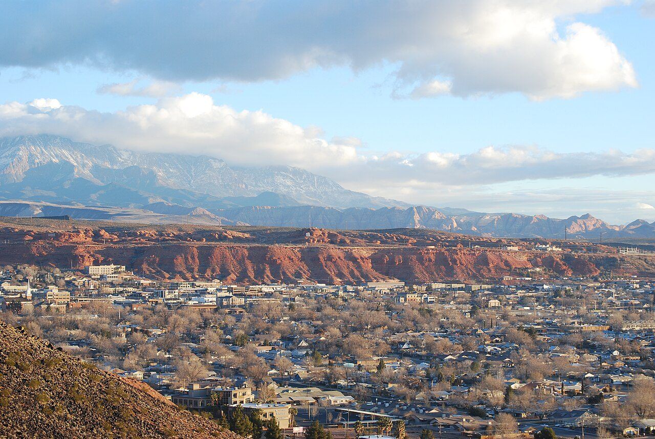 Overlook of downtown St. George and the Pine Valley Mountains